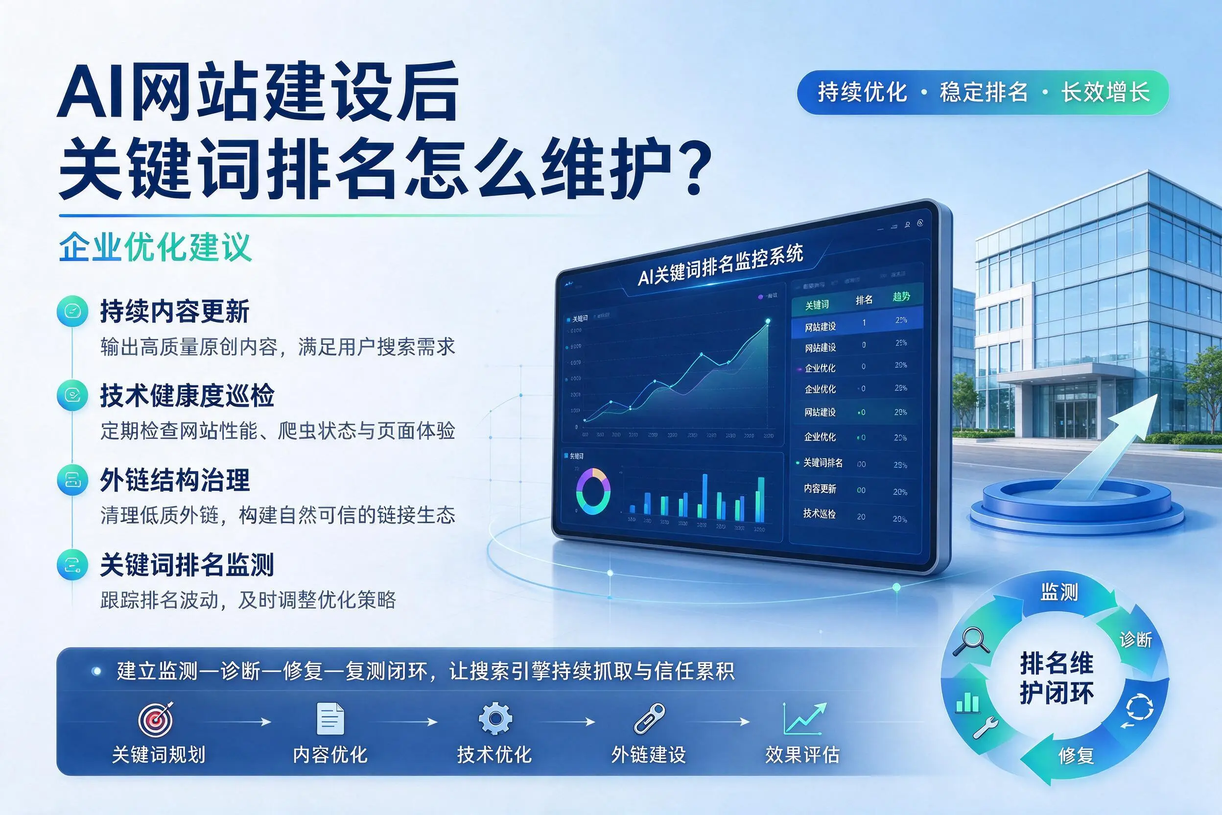 AI网站建设后关键词排名怎么维护?三亚企业优化建议